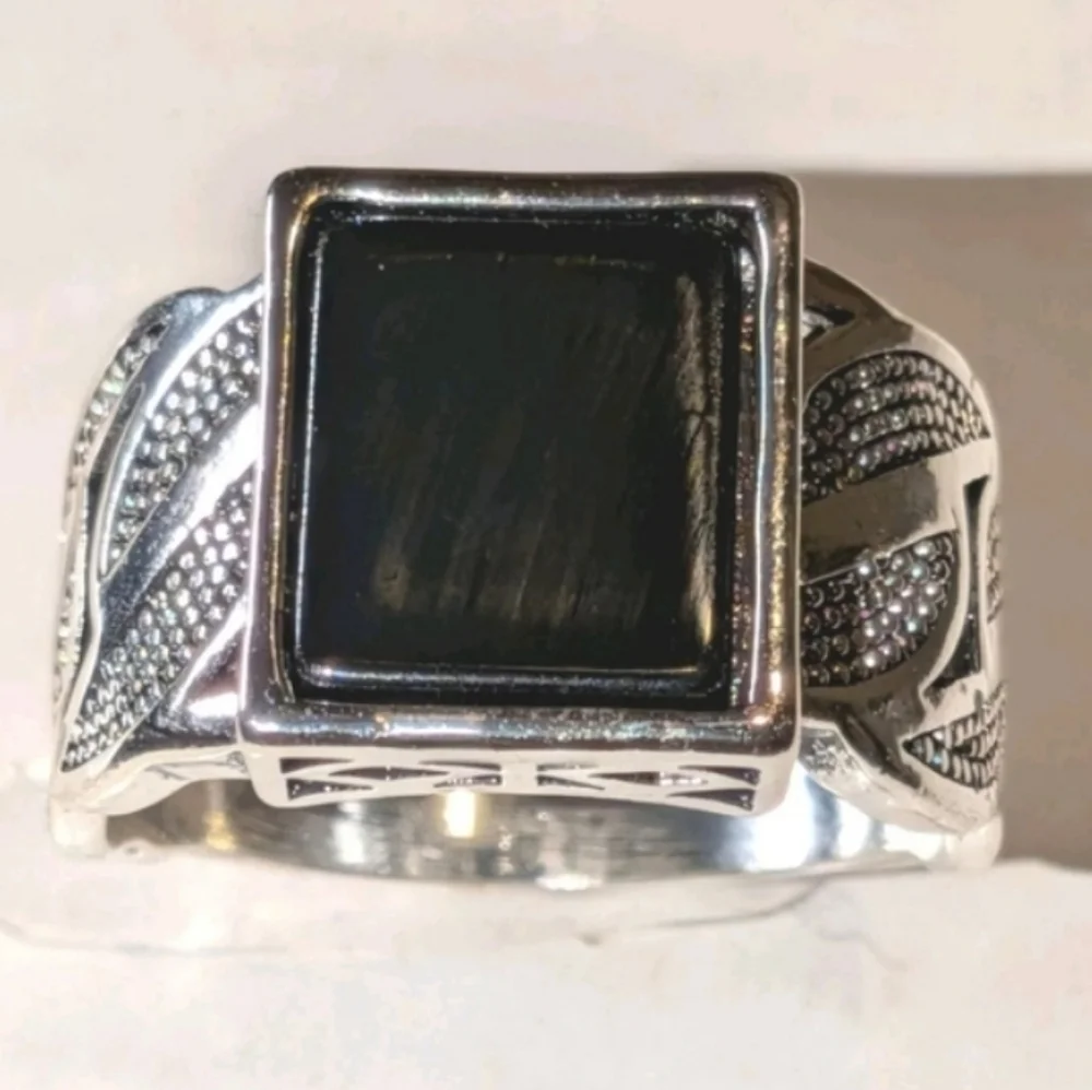 14k White gold Plated Over Sterling silver Turkish Gemstone Black Onyx Mens Ring